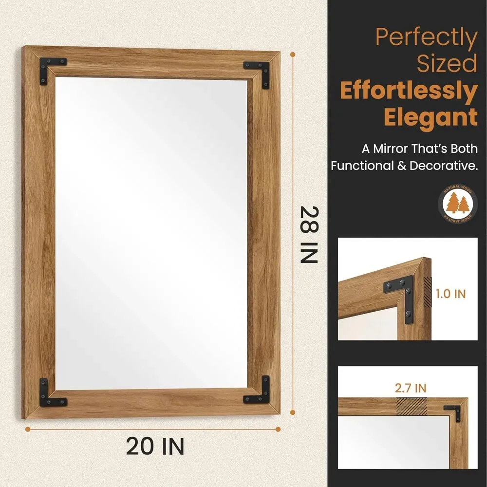 Rustic Light Brown Wood Framed Rectangle Accent Mirror Wall Mounted for Entryway
